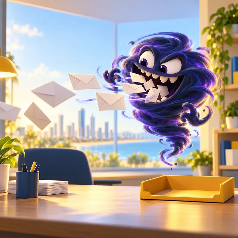 Cartoon villain The Black Hole, a small swirling vortex swallowing paper envelopes