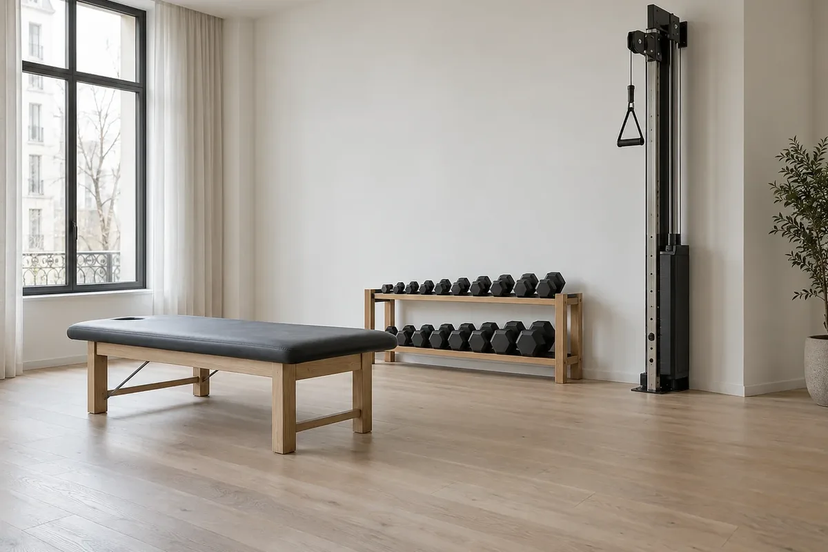 The Shoulder Praxis München, a rehab room with dumbbells and a cable machine
